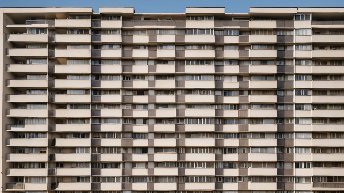 Çok katlı bir apartmanın balkonlu ön cephesi
