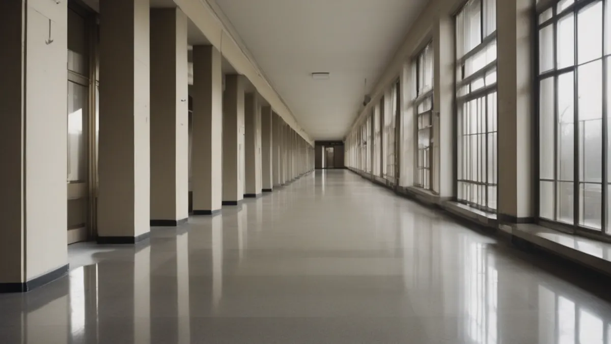 Uzun bir koridorda kapalı kapılar ve pencereden düşen gündüz ışığı