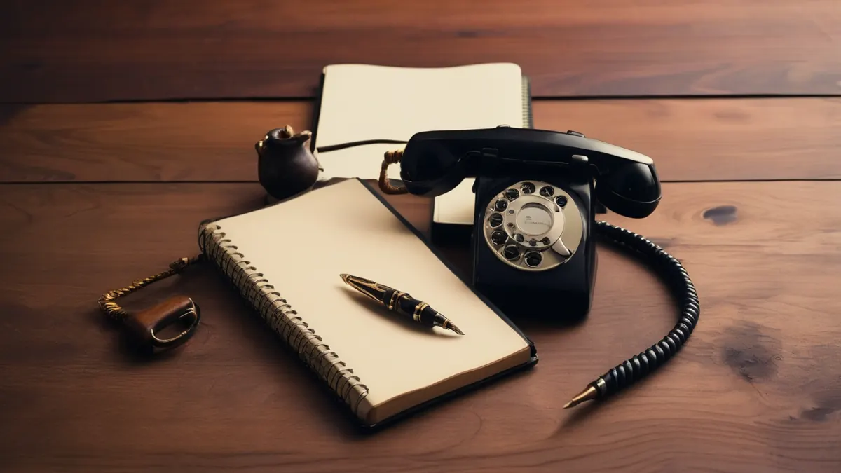 Ahşap masada açık not defteri, dolma kalem ve masa telefonu